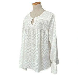 Maette Blouse Long Sleeve Sheer Zig Zag Metallic White Gold Size X Large XL